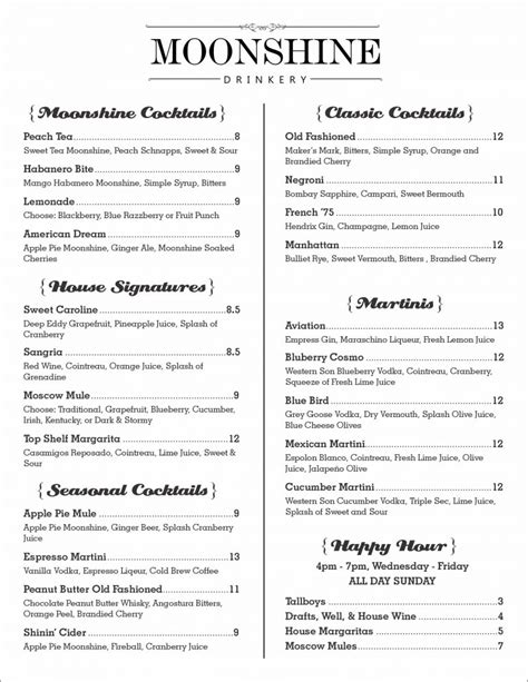 Moonshine Bar menu price 2022.